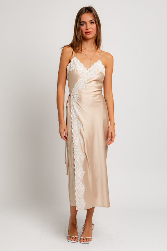 Satin Lace Trim Wrap Dress Lily's Boutique Satin Lace Trim Wrap Dress Lily's Boutique