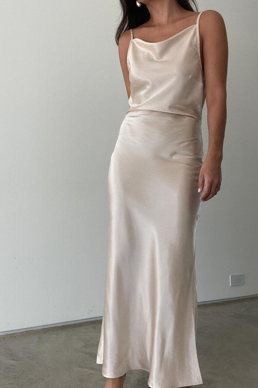 Satin Cowl Neck Maxi Dress