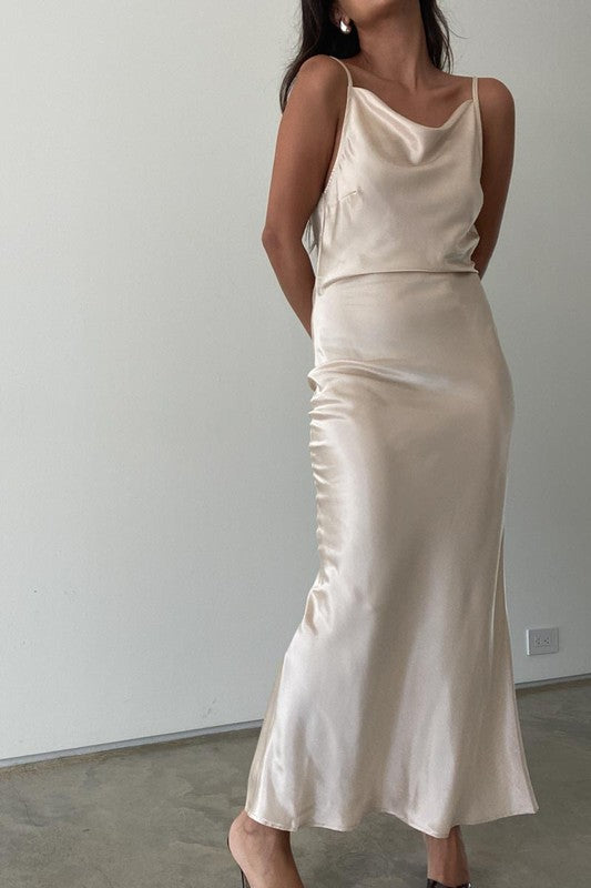 Satin Cowl Neck Maxi Dress